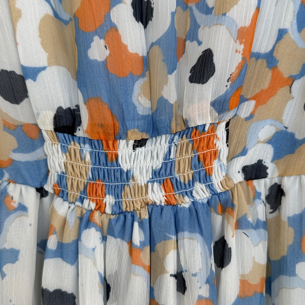 Joie Blue/Coral Floral Tiered Flowy Boho Prairie Dress W High-Low Hem Size XS - Picture 8 of 15